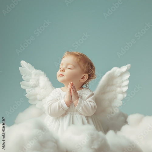 Portrait of a newborn with angel wings standing on the clouds and pray photo