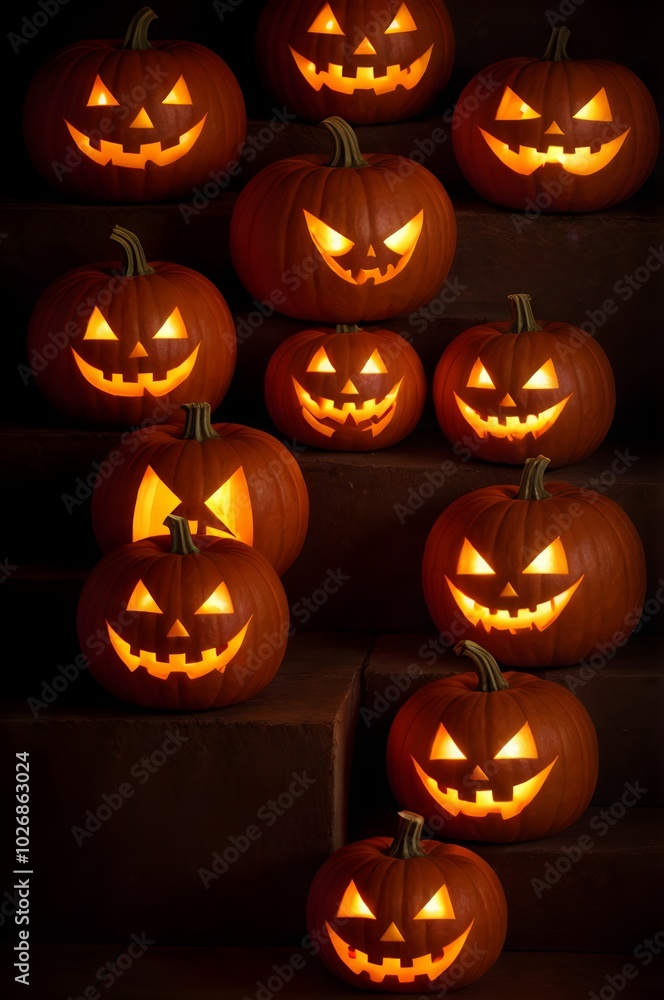 ハロウィンお祝い:ジャック・オー・ランタン(Jack-o'-Lantern)暗闇にたくさん並ぶ ハロウィンお祝い:ジャック・オー・ランタン(Jack-o'-Lantern)暗闇にたくさん並ぶ