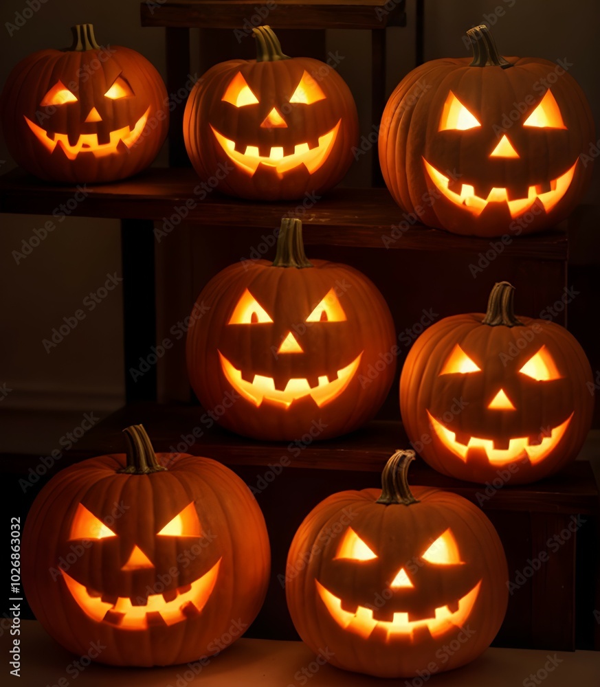 ハロウィンお祝い:ジャック・オー・ランタン(Jack-o'-Lantern)暗闇にたくさん並ぶ ハロウィンお祝い:ジャック・オー・ランタン(Jack-o'-Lantern)暗闇にたくさん並ぶ