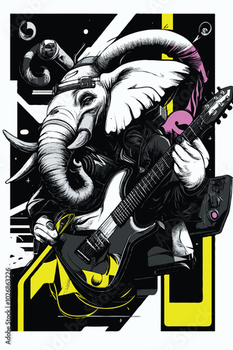 Surreal elephant standing with a guitar, in a whimsical pose