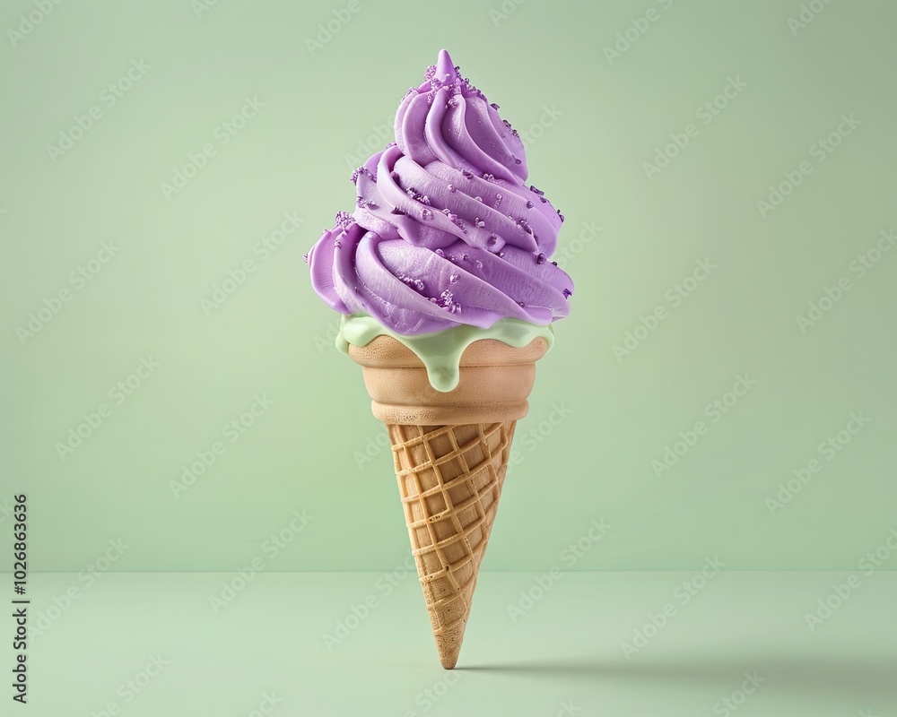A single scoop of purple ice cream in a waffle cone with sprinkles and a drip of green sauce. A single scoop of purple ice cream in a waffle cone with sprinkles and a drip of green sauce.