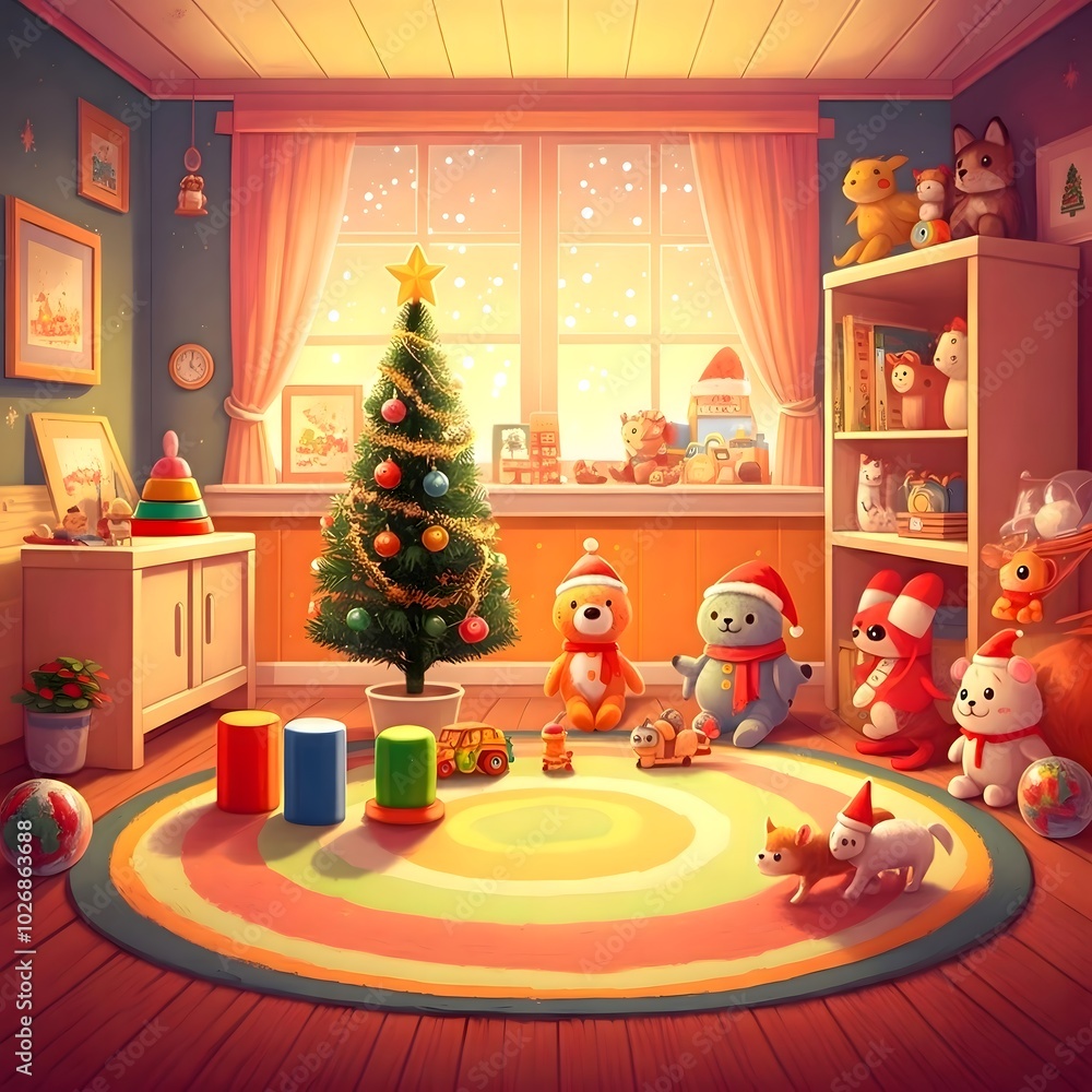 Festive Toy Room Scene with Christmas Decorations Festive Toy Room Scene with Christmas Decorations