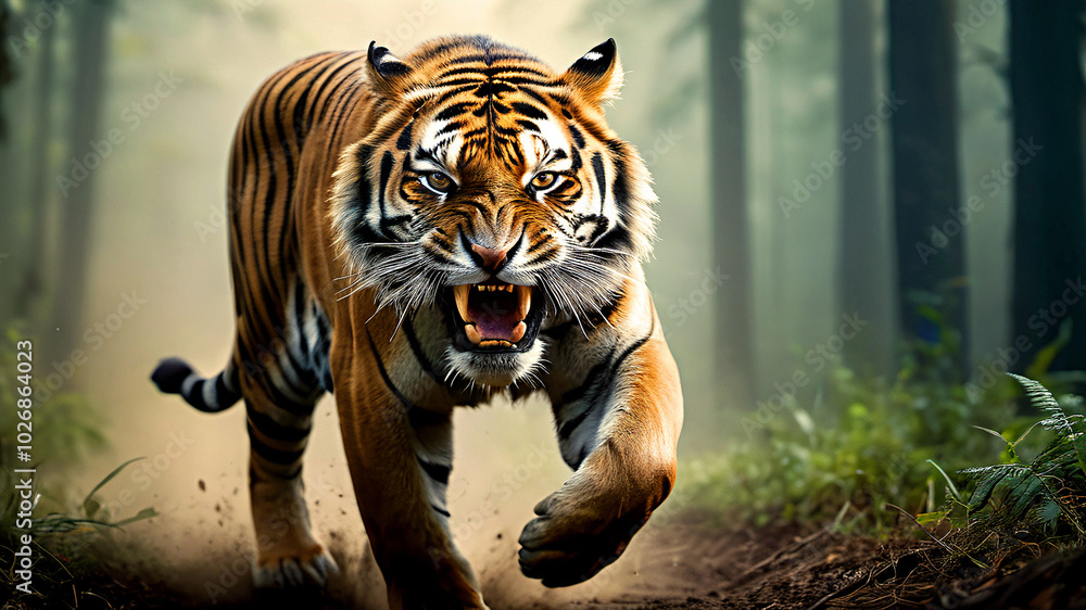 Fototapeta premium Furious tiger roaring and sprinting aggressively charges through the jungle, action shot, wildlife, conservation, and the natural world.