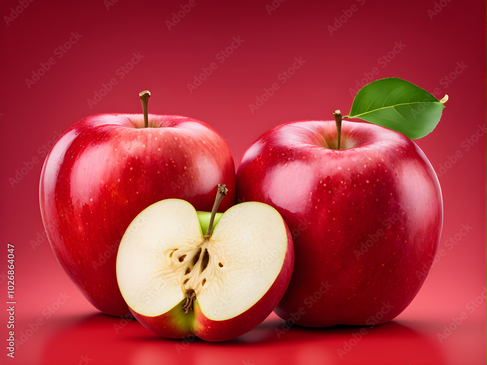 Ripe red apples and apple slice isolated on red background. File contains clipping paths