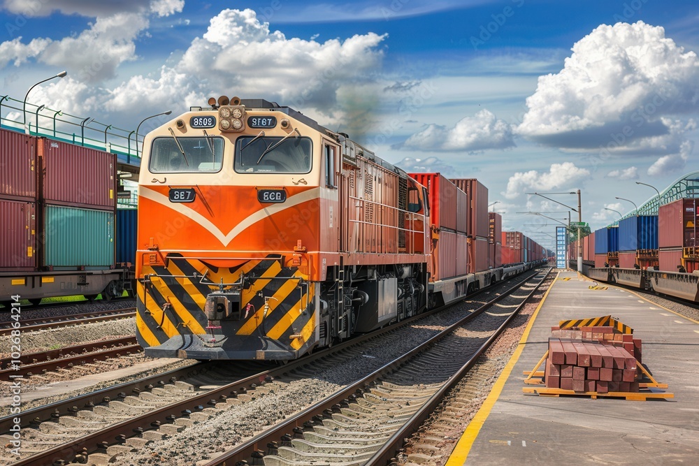 A freight train is being loaded with colorful containers at a railway station, with fluffy clouds overhead on a sunny day. Generative AI A freight train is being loaded with colorful containers at a railway station, with fluffy clouds overhead on a sunny day. Generative AI