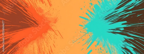 Abstract background with orange, teal, and black paint splatters.