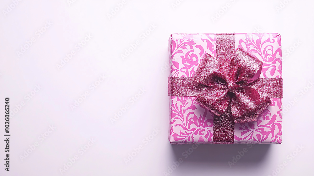 Festive gift box with decorative ribbon and shiny bow Festive gift box with decorative ribbon and shiny bow