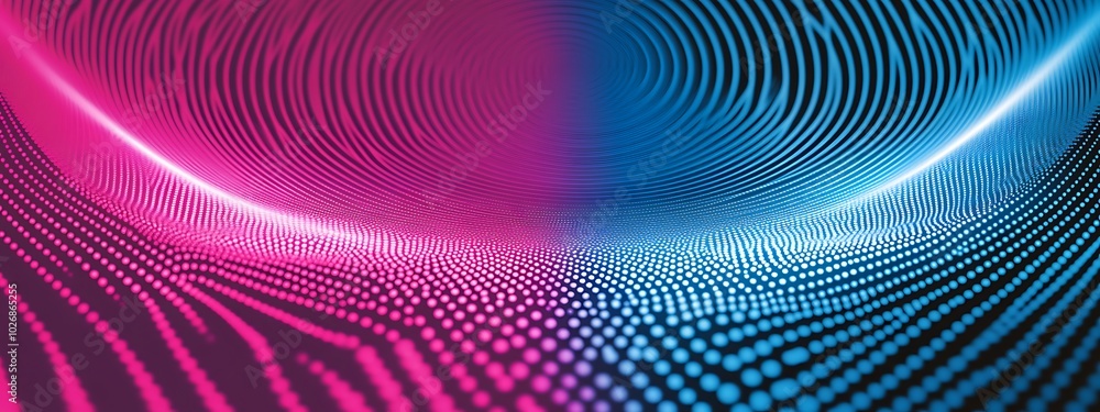 Fototapeta premium Abstract background with pink and blue glowing lights, creating a 3D effect with a dotted pattern.