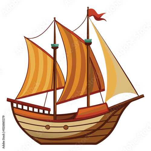 Wooden sailboat ship vector illustration isolated on a white background