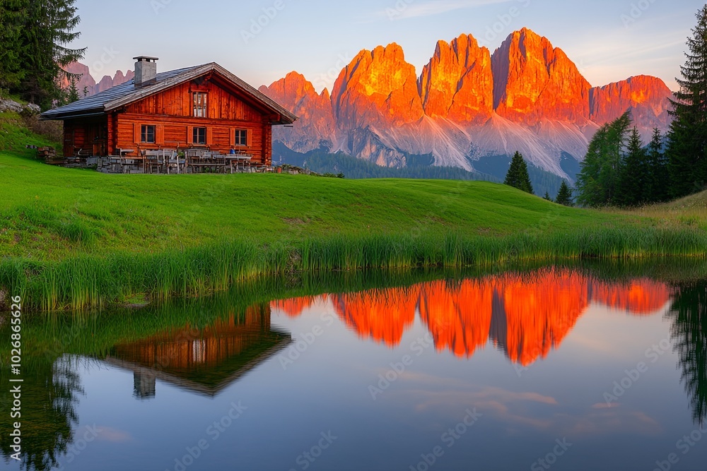 Fototapeta premium A wooden cabin sits on a grassy hill overlooking a still lake reflecting the golden light of the setting sun behind the towering mountain peaks.