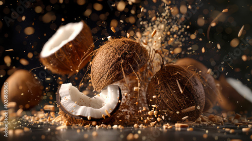 Coconut explosion. Close-up of a pile of coconuts falling on the table. Pieces of coconut are scattered all over the background. A delicious snack. A healthy treat photo