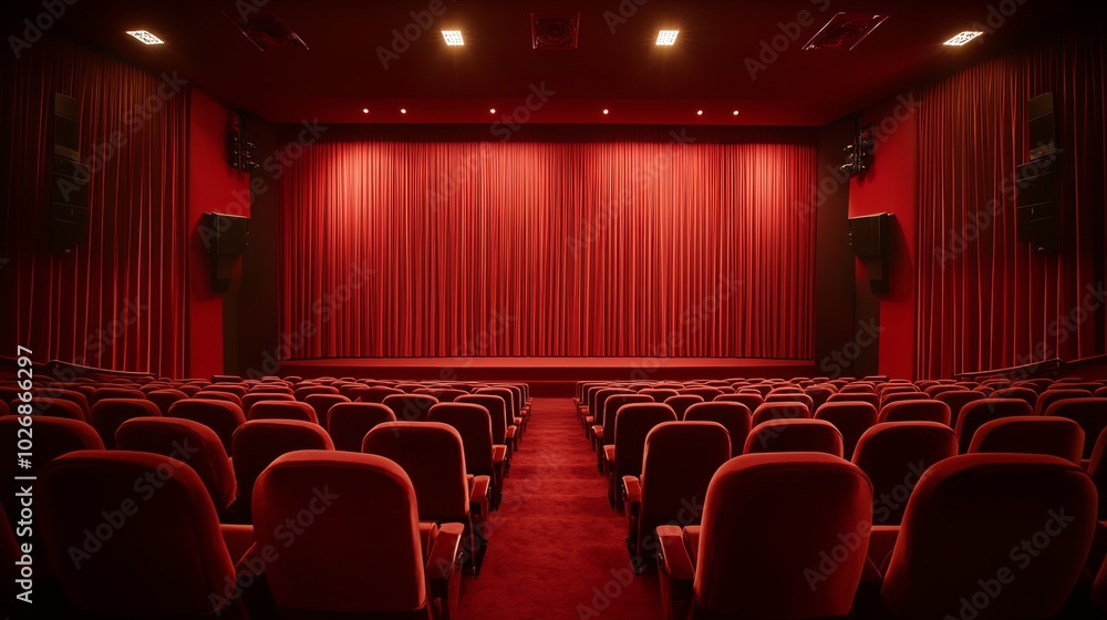 An empty movie theater with red velvet seats and a red curtain stage. An empty movie theater with red velvet seats and a red curtain stage.