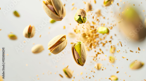 Pistachio explosion on a white background. Close-up of a bunch of pistachios flying through the air. Nuts are scattered all over the image. The scene is chaotic and disordered. A delicious snack photo