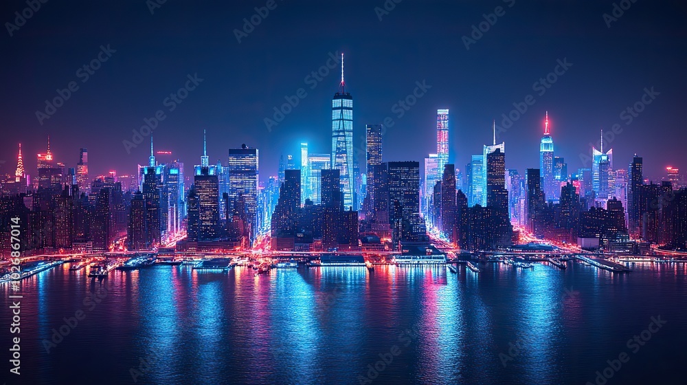 Obraz premium Cityscape with IoT and glowing technology icons, depicting the modern connectivity of New York’s business landscape.