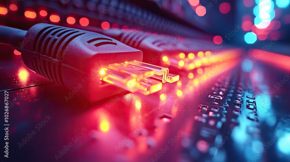 Close-up of Ethernet cables connected to a router with flashing lights, depicting information technology in a neon-lit environment. Close-up of Ethernet cables connected to a router with flashing lights, depicting information technology in a neon-lit environment.