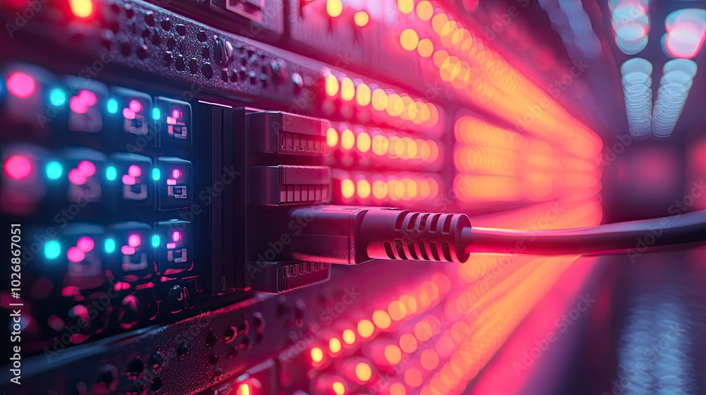 Close-up of Ethernet cables connected to a router with flashing lights, depicting information technology in a neon-lit environment. Close-up of Ethernet cables connected to a router with flashing lights, depicting information technology in a neon-lit environment.