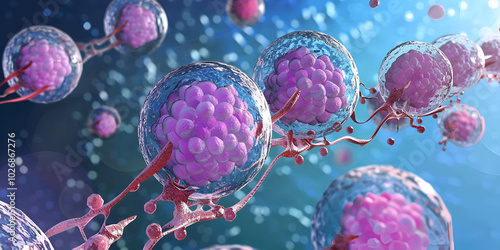 Microscopic view of cell division, 3D rendering of biological cells
