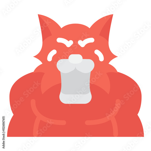This vibrant red animal illustration features a strong, expressive character showcasing a fierce demeanor and cartoonish style.