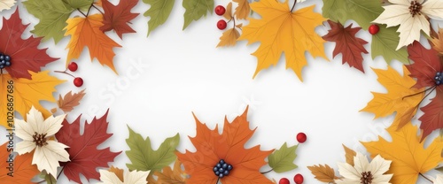 Autumn leaves with berries on white background, colorful fall design with copy space 