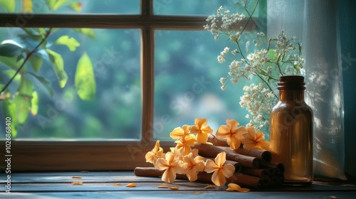 A serene still life featuring flowers, cinnamon sticks, and a glass bottle by a sunny window, evoking warmth and tranquility. photo