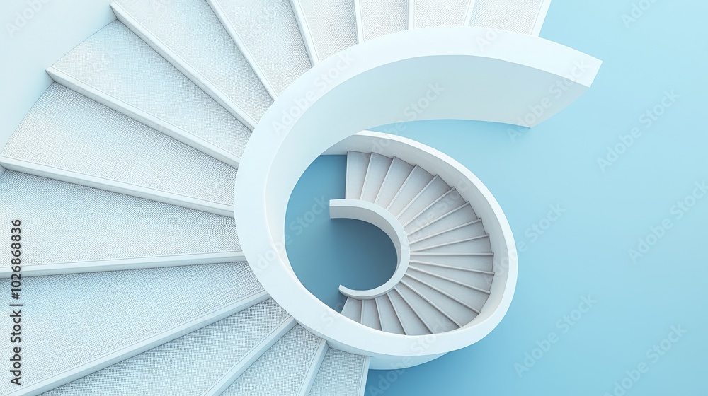 Fototapeta premium Modern spiral staircase, white design, minimalistic aesthetic, soft blue background.