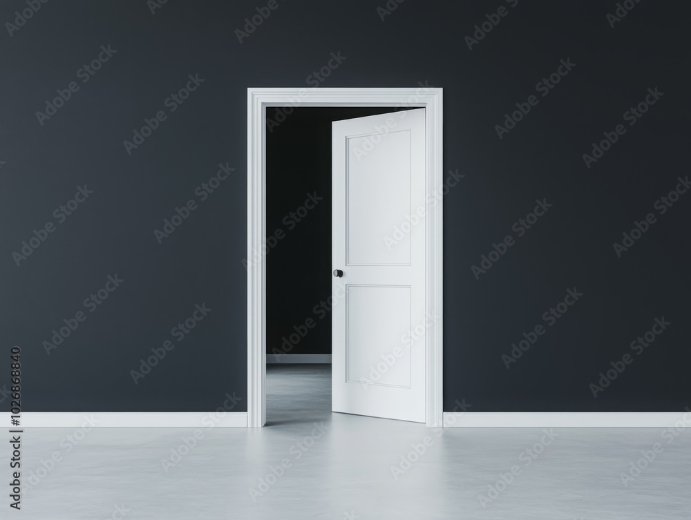 Open white door on dark wall, inviting space with minimalist design, emphasizing simplicity and tranquility. Open white door on dark wall, inviting space with minimalist design, emphasizing simplicity and tranquility.