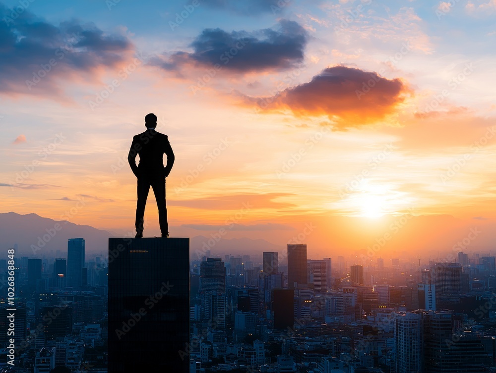Silhouette of a businessman standing on a rooftop against a stunning sunset skyline. Silhouette of a businessman standing on a rooftop against a stunning sunset skyline.