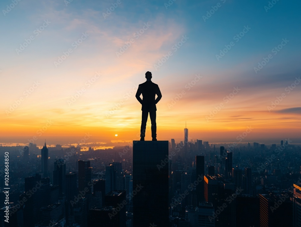 Silhouette of a confident figure on a tall building against a vibrant sunrise over a city skyline. Silhouette of a confident figure on a tall building against a vibrant sunrise over a city skyline.