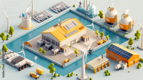 vibrant and detailed illustration of green hydrogen production facility, showcasing renewable energy sources like wind turbines and solar panels. scene captures modern industrial environment with