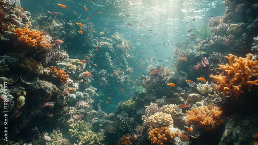 Naklejka premium Vibrant Underwater Coral Reef Teeming with Tropical Fish