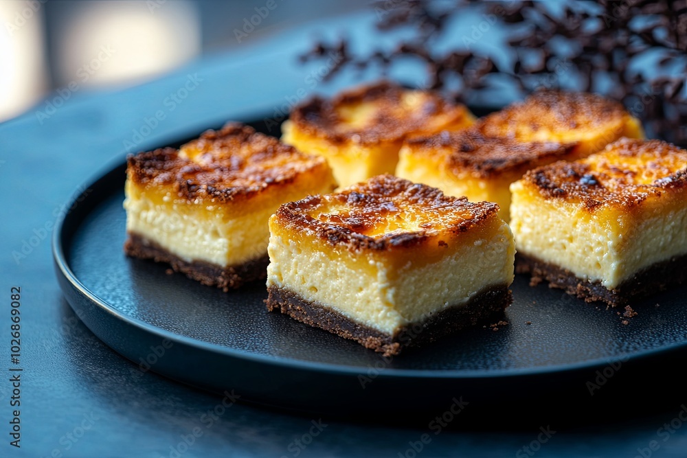 A close-up shot of five delicious, freshly baked cheesecake bars on a black plate. A close-up shot of five delicious, freshly baked cheesecake bars on a black plate.