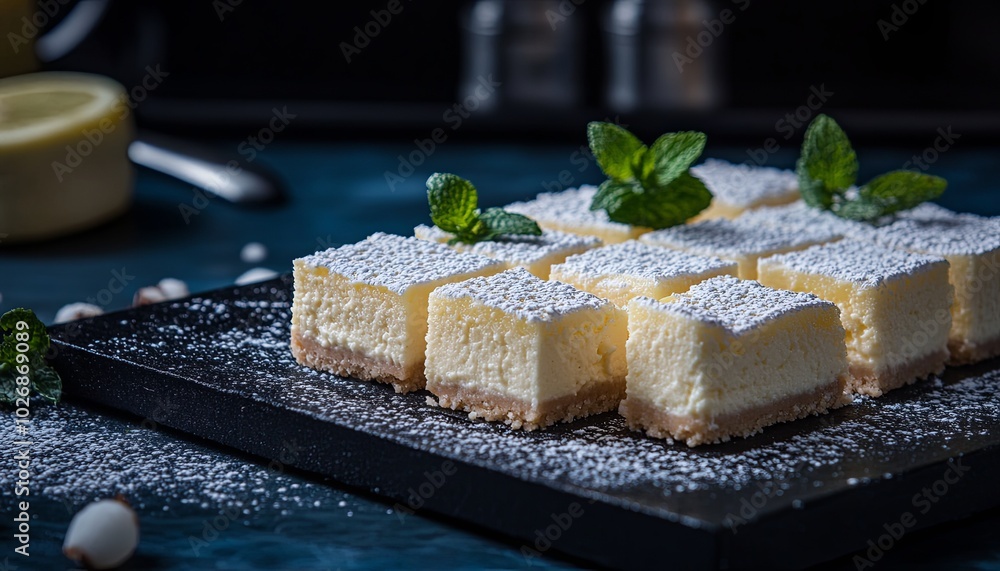 Freshly baked lemon squares on a black slate serving board, garnished with mint leaves and powdered sugar. Freshly baked lemon squares on a black slate serving board, garnished with mint leaves and powdered sugar.