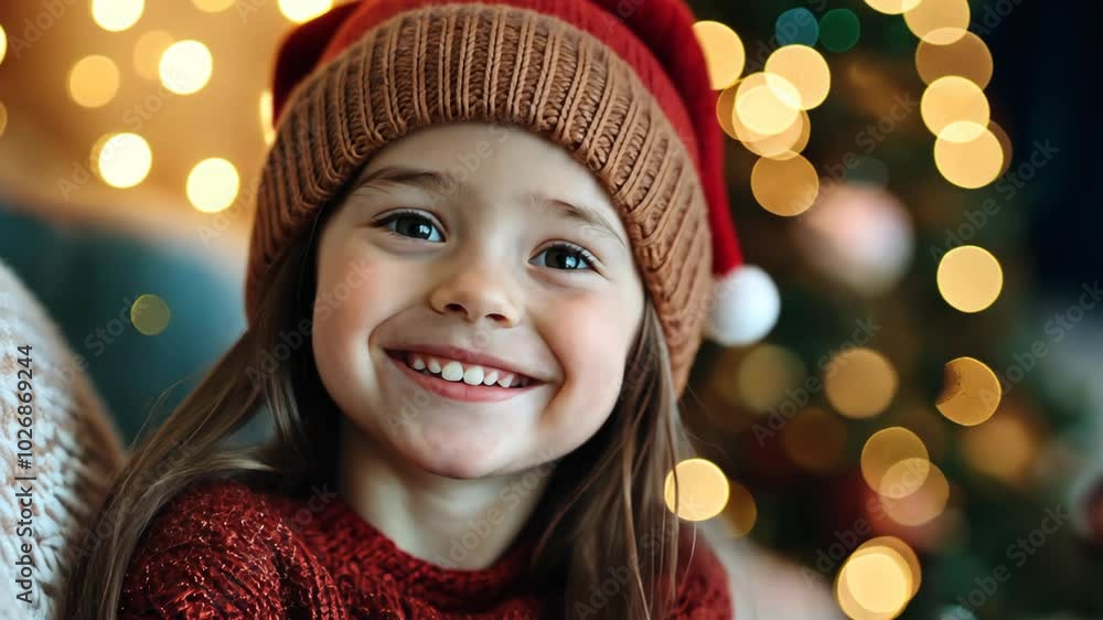 smiling young girl wearing wool cap with Christmas tree bokeh light background, cozy vibes in holiday smiling young girl wearing wool cap with Christmas tree bokeh light background, cozy vibes in holiday