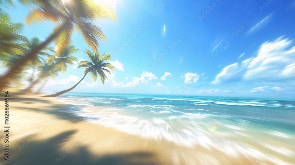 Tranquil Beach Scene with Palm Trees and Clear Sky Tranquil Beach Scene with Palm Trees and Clear Sky