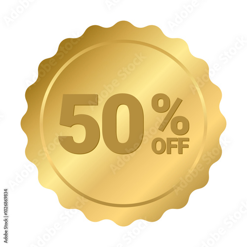 50% off sticker label, gold  Serrated Circle badge Decoration vector isolated ,for advertising discount product ,Golden vector design shiny for packaging design element or shopping website 