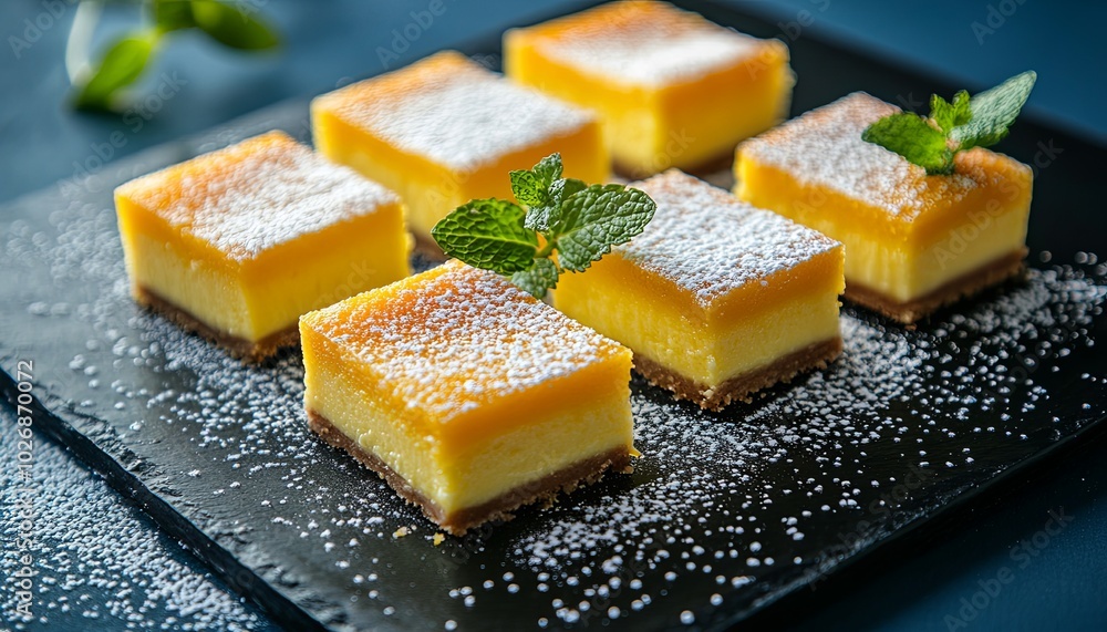 Six squares of orange citrus cheesecake with a graham cracker crust, dusted with powdered sugar and garnished with fresh mint leaves on a black slate platter. Six squares of orange citrus cheesecake with a graham cracker crust, dusted with powdered sugar and garnished with fresh mint leaves on a black slate platter.