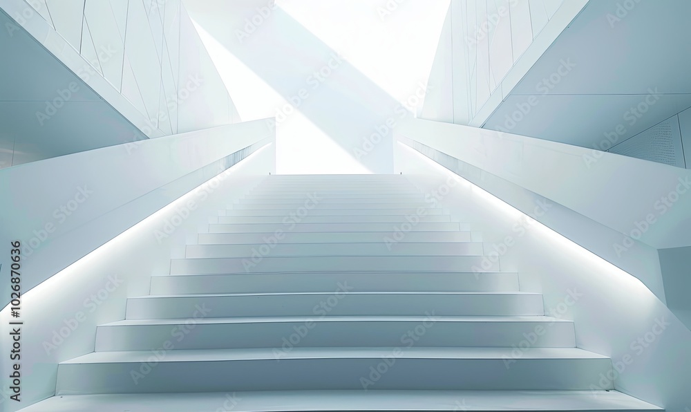 Obraz premium A modern, white staircase with a bright, white light at the top.