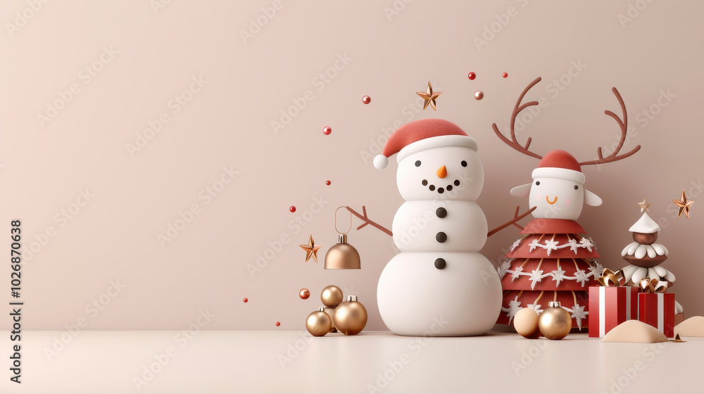festive snowman and reindeer stand cheerfully next to decorative ornaments, creating joyful holiday atmosphere. Perfect for celebrating Christmas season! festive snowman and reindeer stand cheerfully next to decorative ornaments, creating joyful holiday atmosphere. Perfect for celebrating Christmas season!