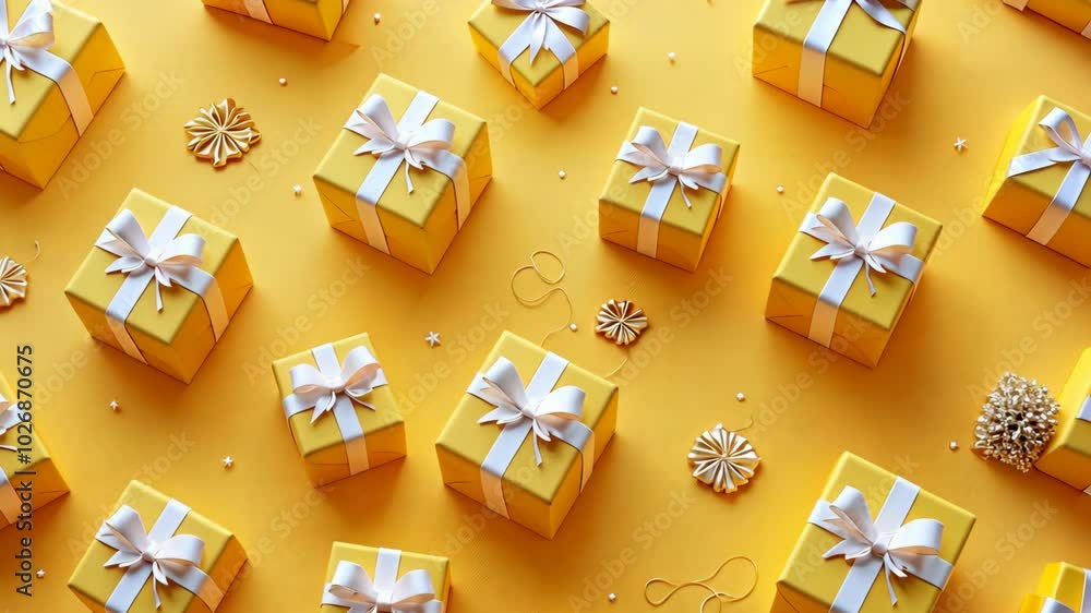 Yellow gift boxes with white bows are arranged on a bright yellow surface Yellow gift boxes with white bows are arranged on a bright yellow surface