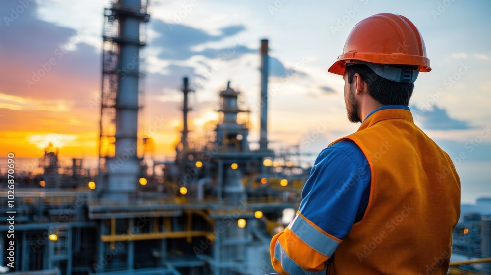Industrial Worker at Sunset in Construction Site Industrial Worker at Sunset in Construction Site