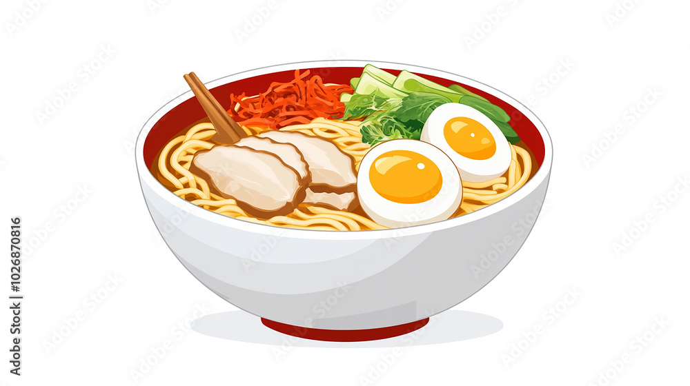 Steaming ramen bowl with noodles, pork, egg, and vegetables Steaming ramen bowl with noodles, pork, egg, and vegetables