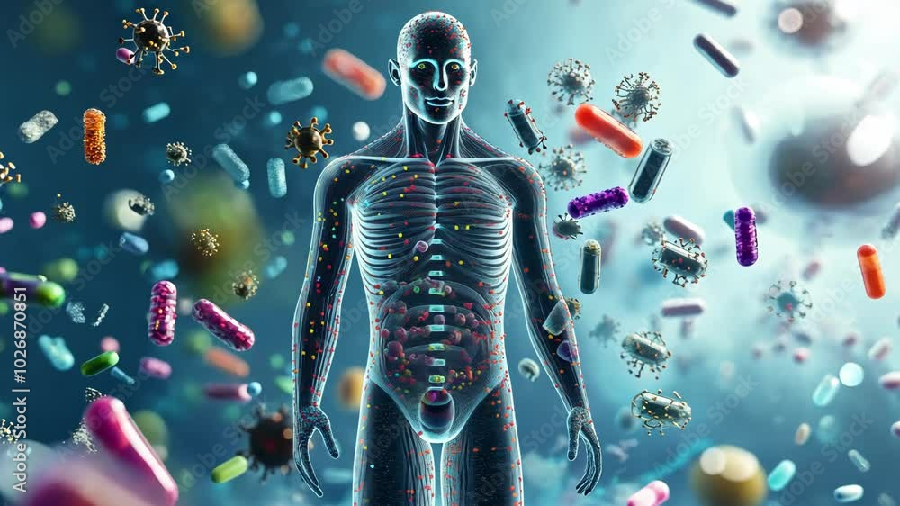 A digital illustration of a human body surrounded by different types of bacteria and viruses