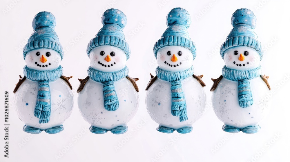 Four Cheerful Snowmen With Blue Hats and Scarves in Winter Decoration Generative AI Four Cheerful Snowmen With Blue Hats and Scarves in Winter Decoration Generative AI