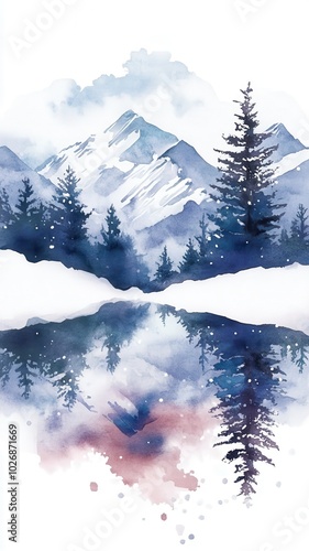 Watercolor Mountains landscape and snow,Christmas winter background,Winter nature landscape,background card,wallpaper,Snowy wintervector illustration,Drawing winter time concept background. photo