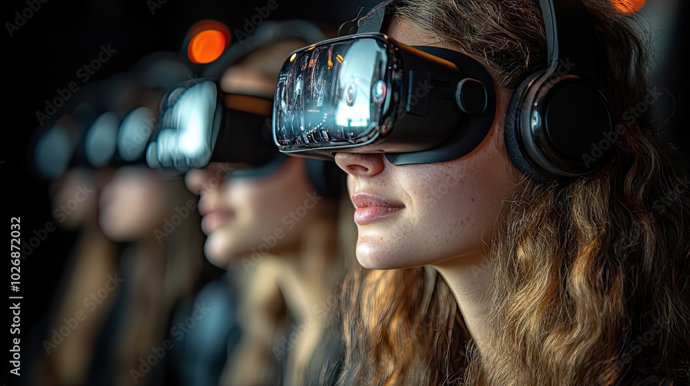 Friends enjoy virtual simulations, using modern technology for an augmented reality experience. Friends enjoy virtual simulations, using modern technology for an augmented reality experience.