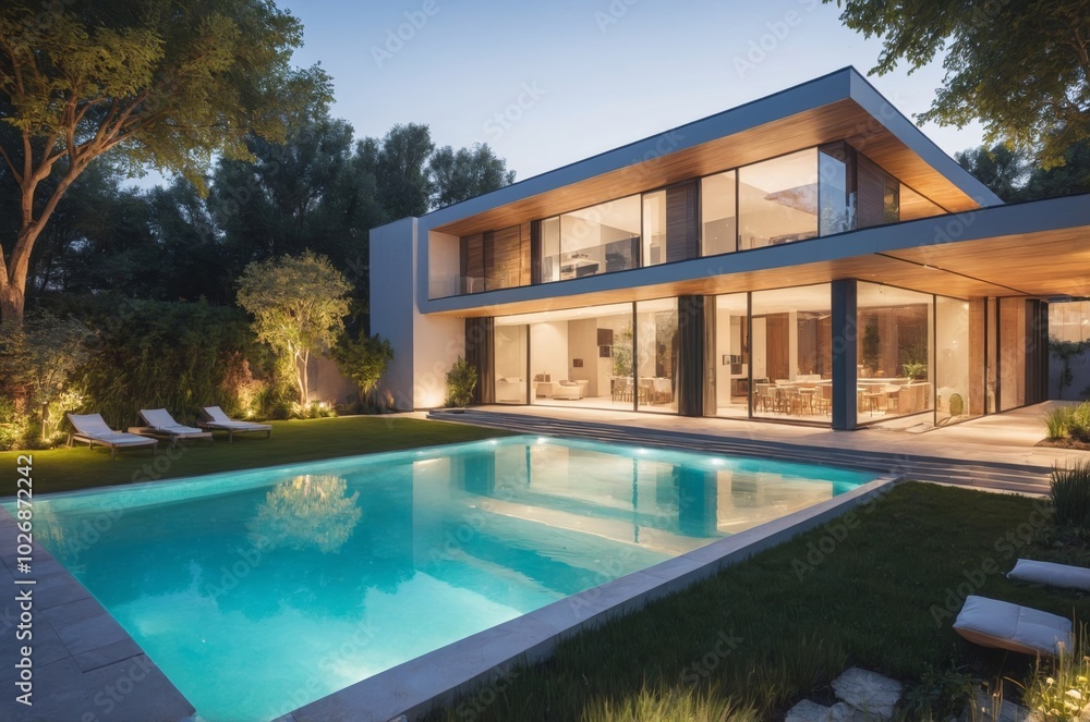 Fototapeta premium Modern house with pool and landscaped backyard at night
