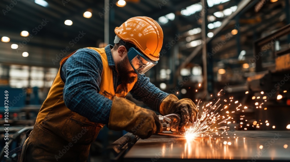 Worker Using Large Machine in Welding Workspace Worker Using Large Machine in Welding Workspace