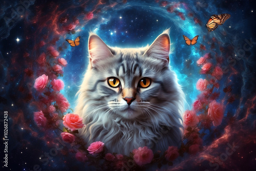 Eternal Love in the Cosmic Realm: Moon Butterfly Cat with Galactic Mantras and Universal Beauty