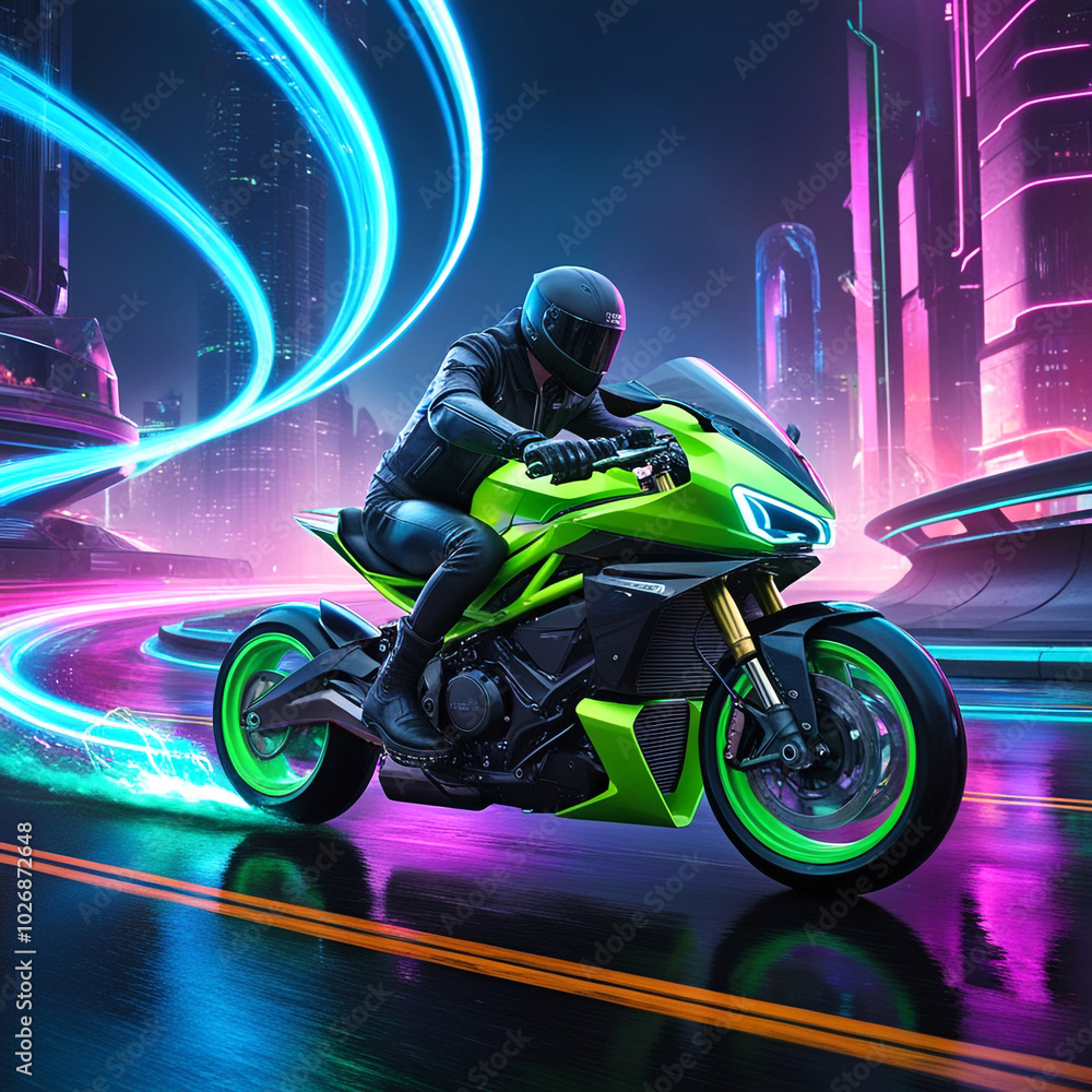 Futuristic Rider in Neon Cyberpunk City: Speeding Through Rain-Slicked Streets Futuristic Rider in Neon Cyberpunk City: Speeding Through Rain-Slicked Streets