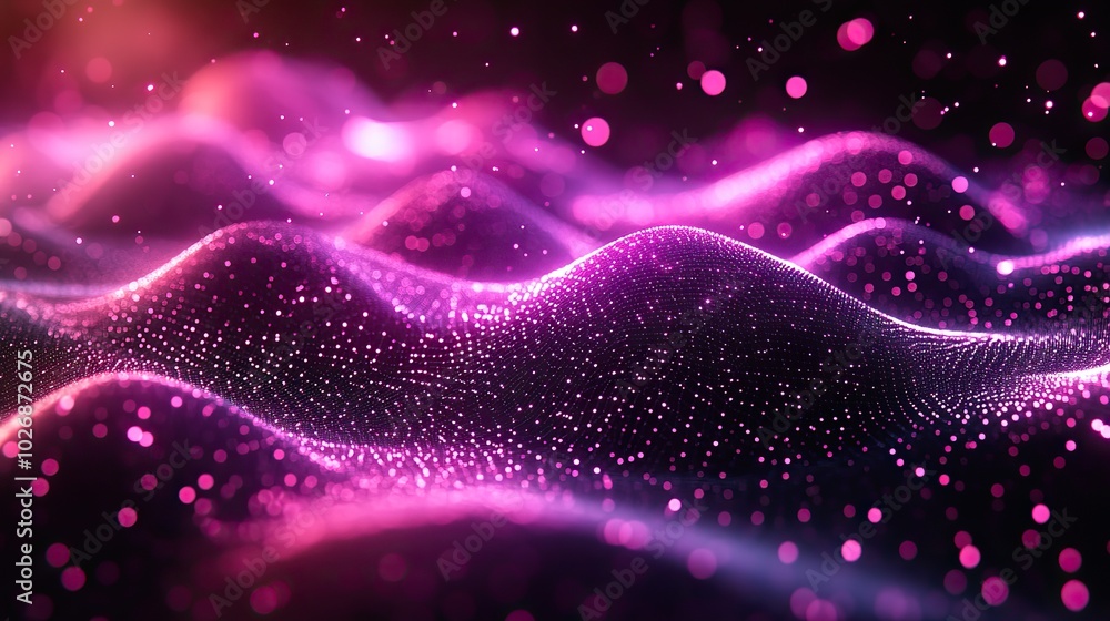 Futuristic network technology background on a black canvas, enhanced with purple wave patterns and low poly wire illustrations. Futuristic network technology background on a black canvas, enhanced with purple wave patterns and low poly wire illustrations.
